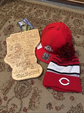 Ohio State Red Pom Baseball Cap and Red Striped Knit Beanie Hat Set
